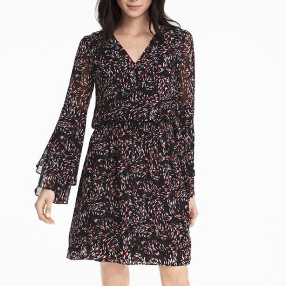 White House Black Market Black Multicolor Smocked Waist Bell Sleeve Dress Size00